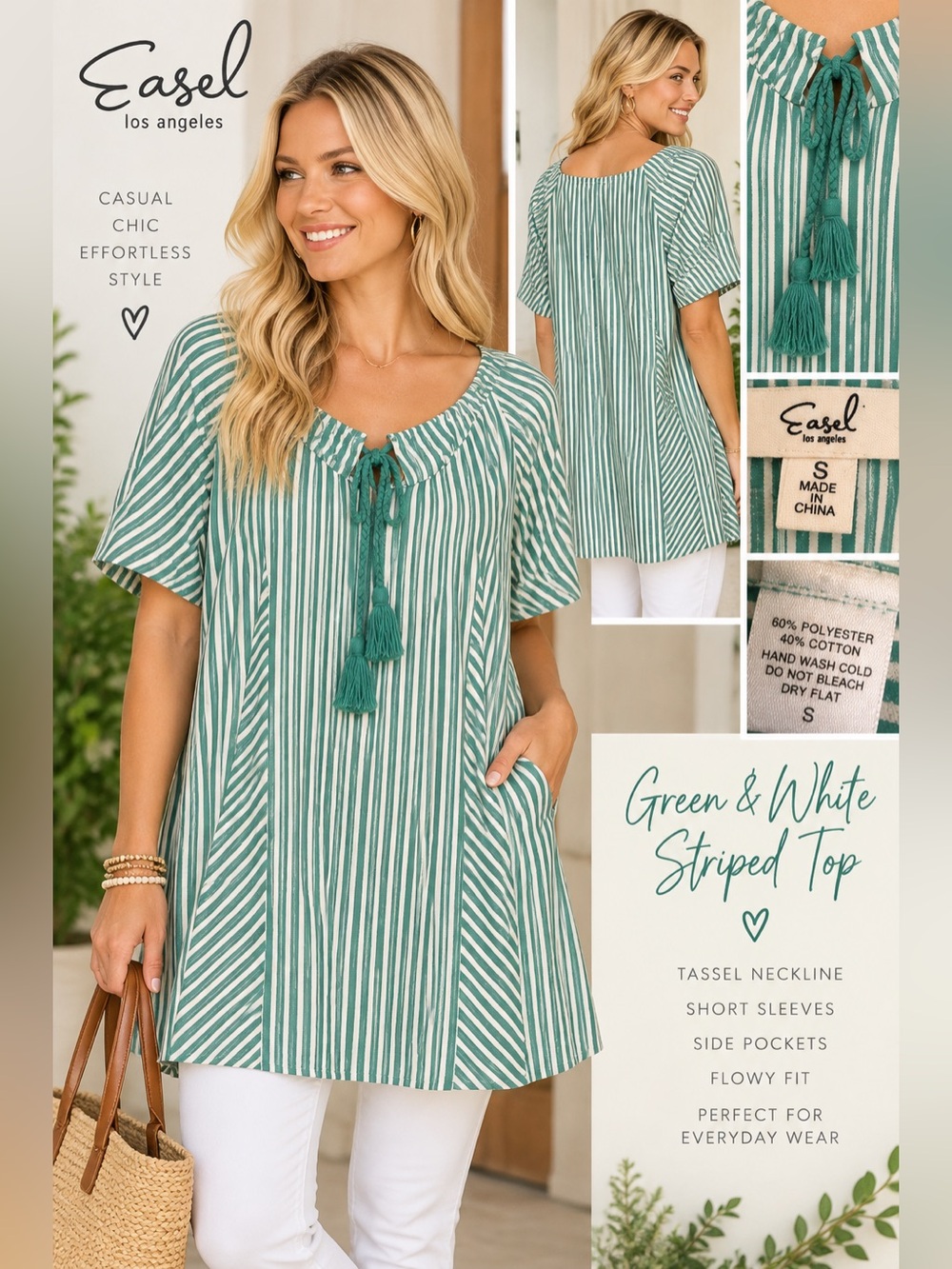 Easel Dress Size S Green White Striped Tassel Neck Top